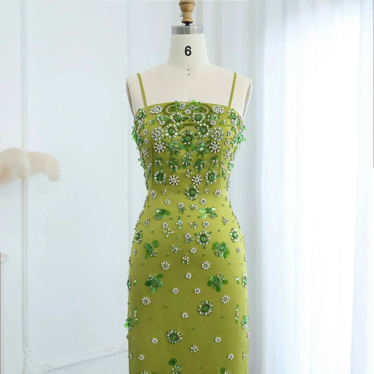 Luxury 3D Floral Beaded Short Green Evening Dress Spaghetti Straps SS233