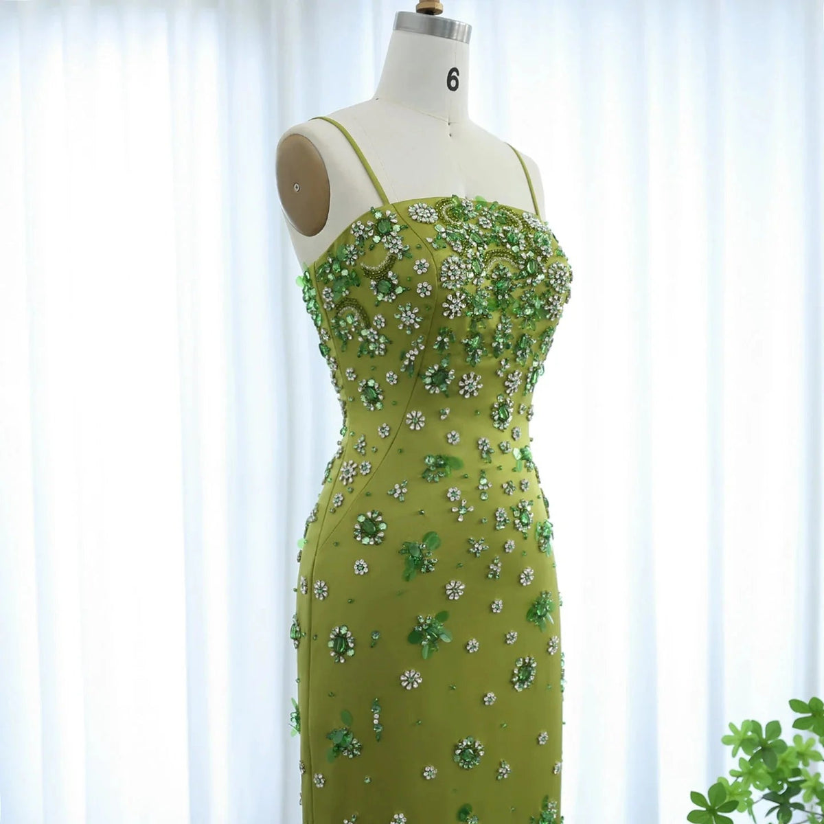 Luxury 3D Floral Beaded Short Green Evening Dress Spaghetti Straps SS233
