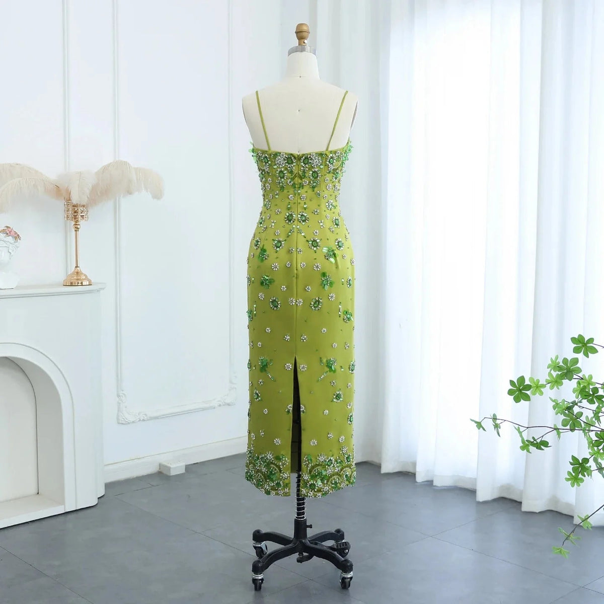Luxury 3D Floral Beaded Short Green Evening Dress Spaghetti Straps SS233