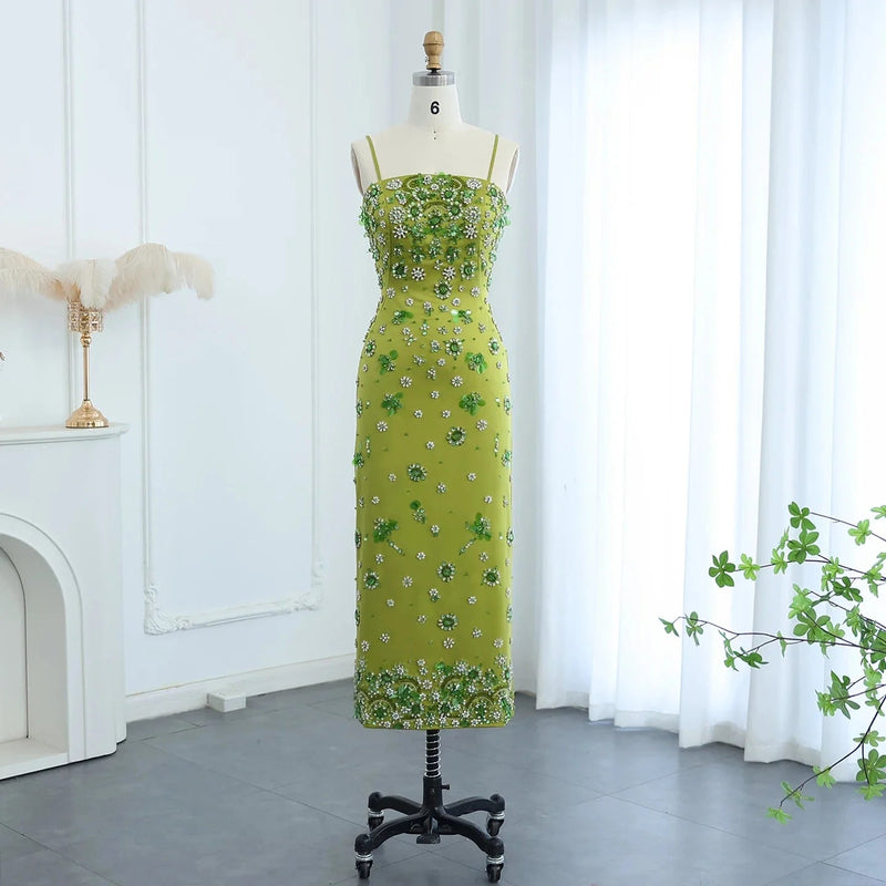Luxury 3D Floral Beaded Short Green Evening Dress Spaghetti Straps SS233