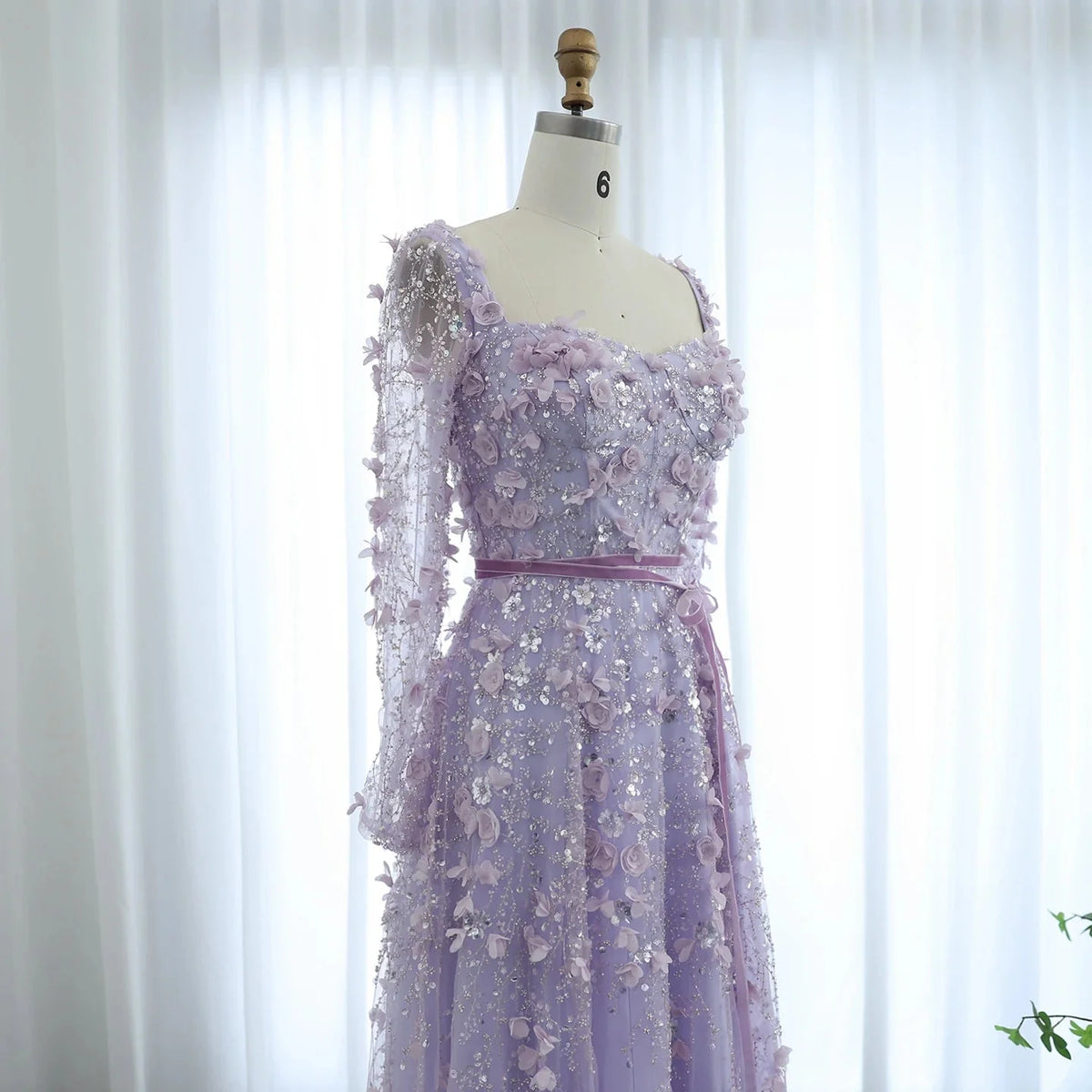 Luxury 3D Flower Gray Long Sleeves Evening Dresses SS353