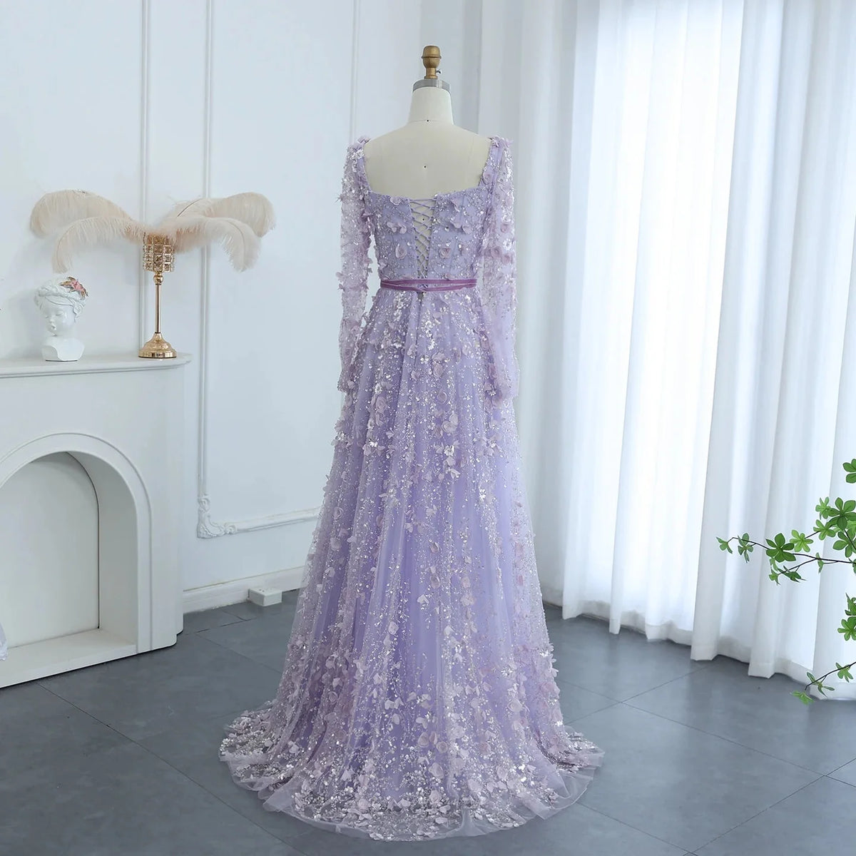 Luxury 3D Flower Gray Long Sleeves Evening Dresses SS353