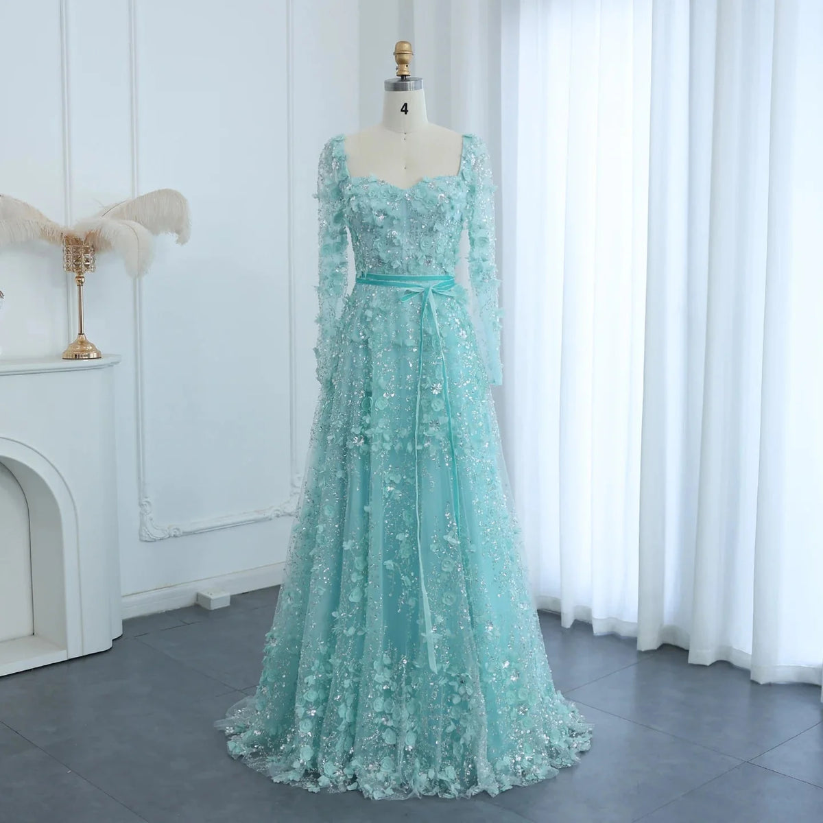 Luxury 3D Flower Gray Long Sleeves Evening Dresses SS353