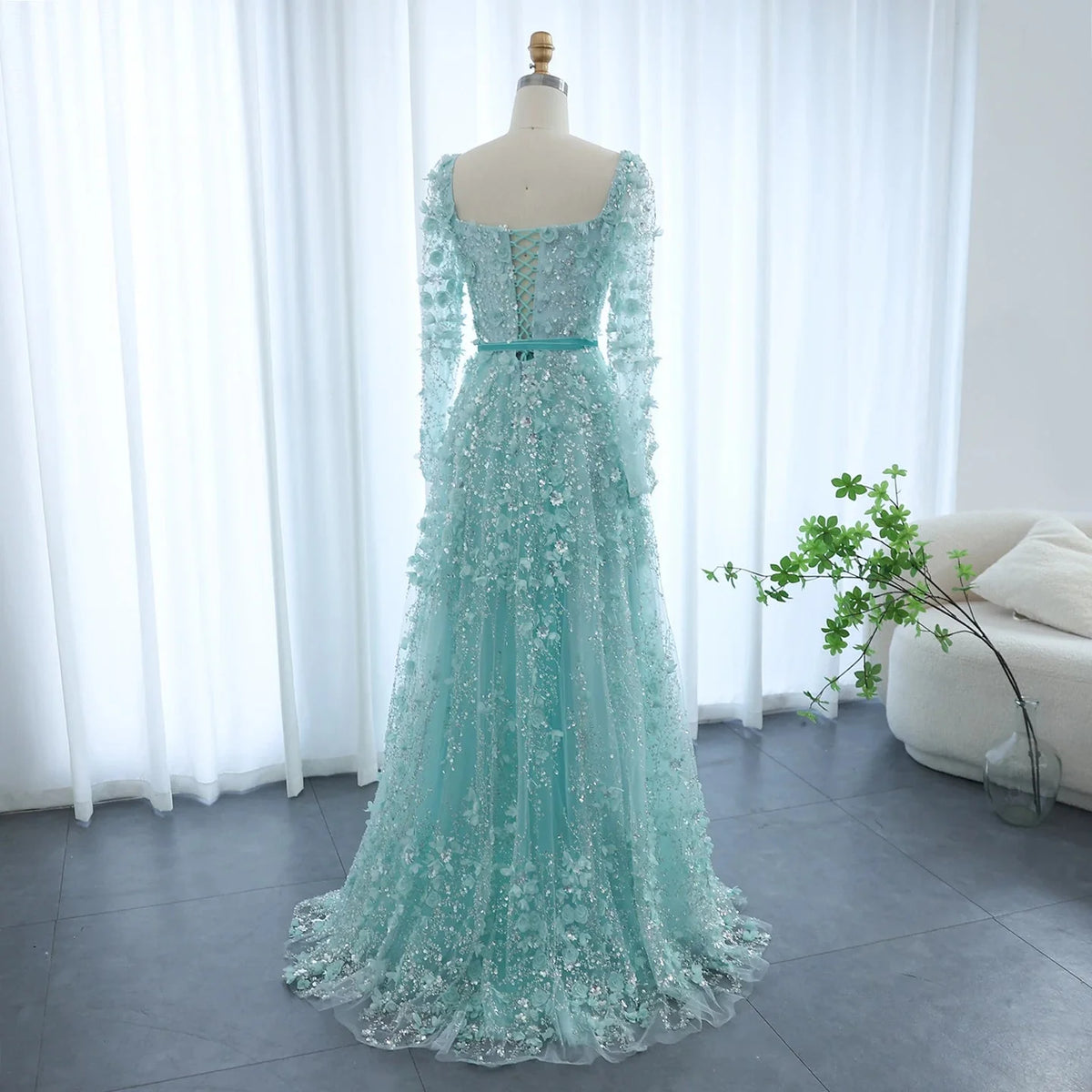 Luxury 3D Flower Gray Long Sleeves Evening Dresses SS353