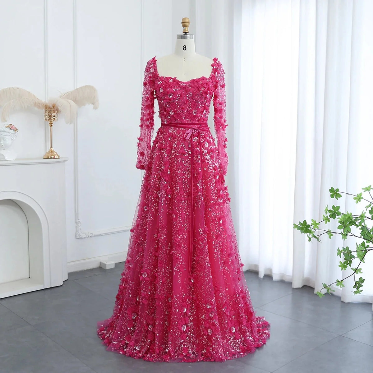 Luxury 3D Flower Gray Long Sleeves Evening Dresses SS353