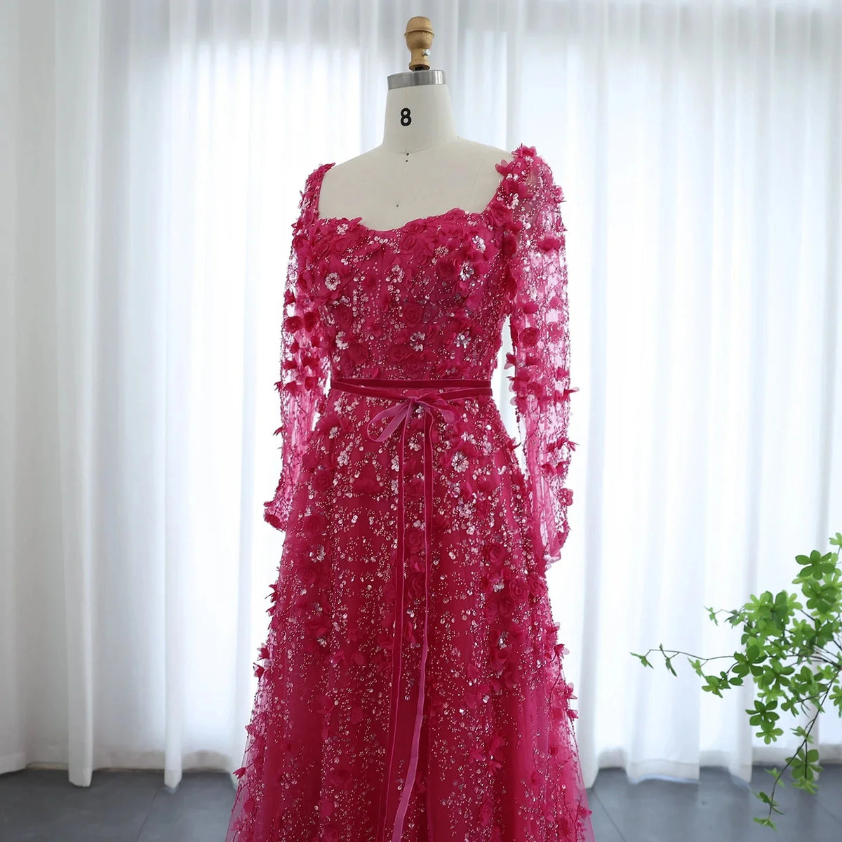 Luxury 3D Flower Gray Long Sleeves Evening Dresses SS353