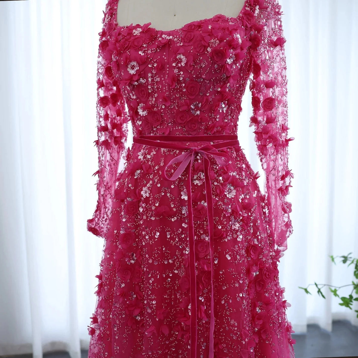 Luxury 3D Flower Gray Long Sleeves Evening Dresses SS353