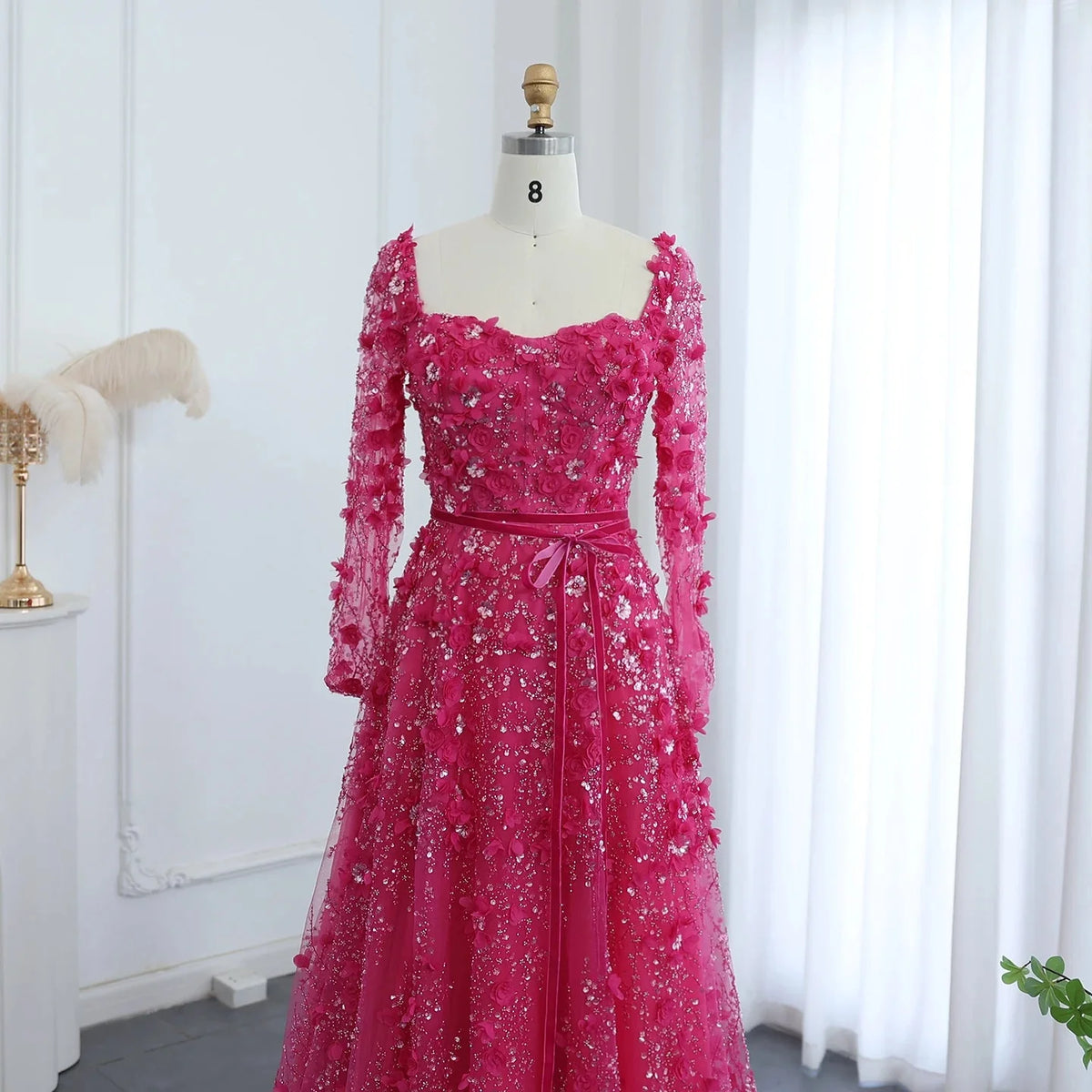 Luxury 3D Flower Gray Long Sleeves Evening Dresses SS353