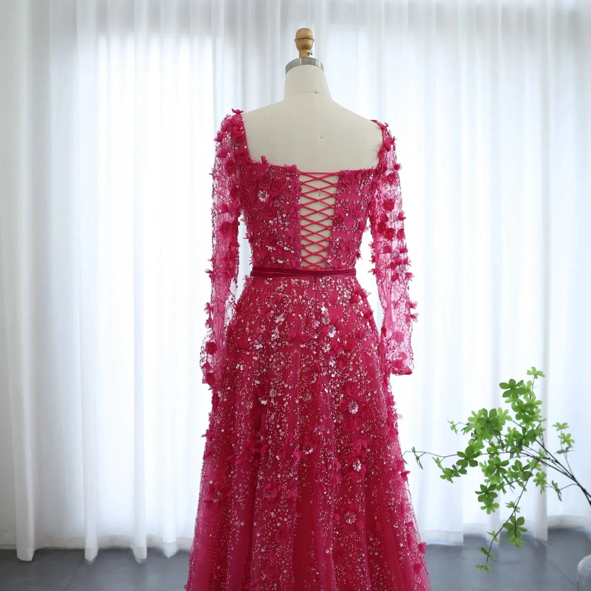 Luxury 3D Flower Gray Long Sleeves Evening Dresses SS353
