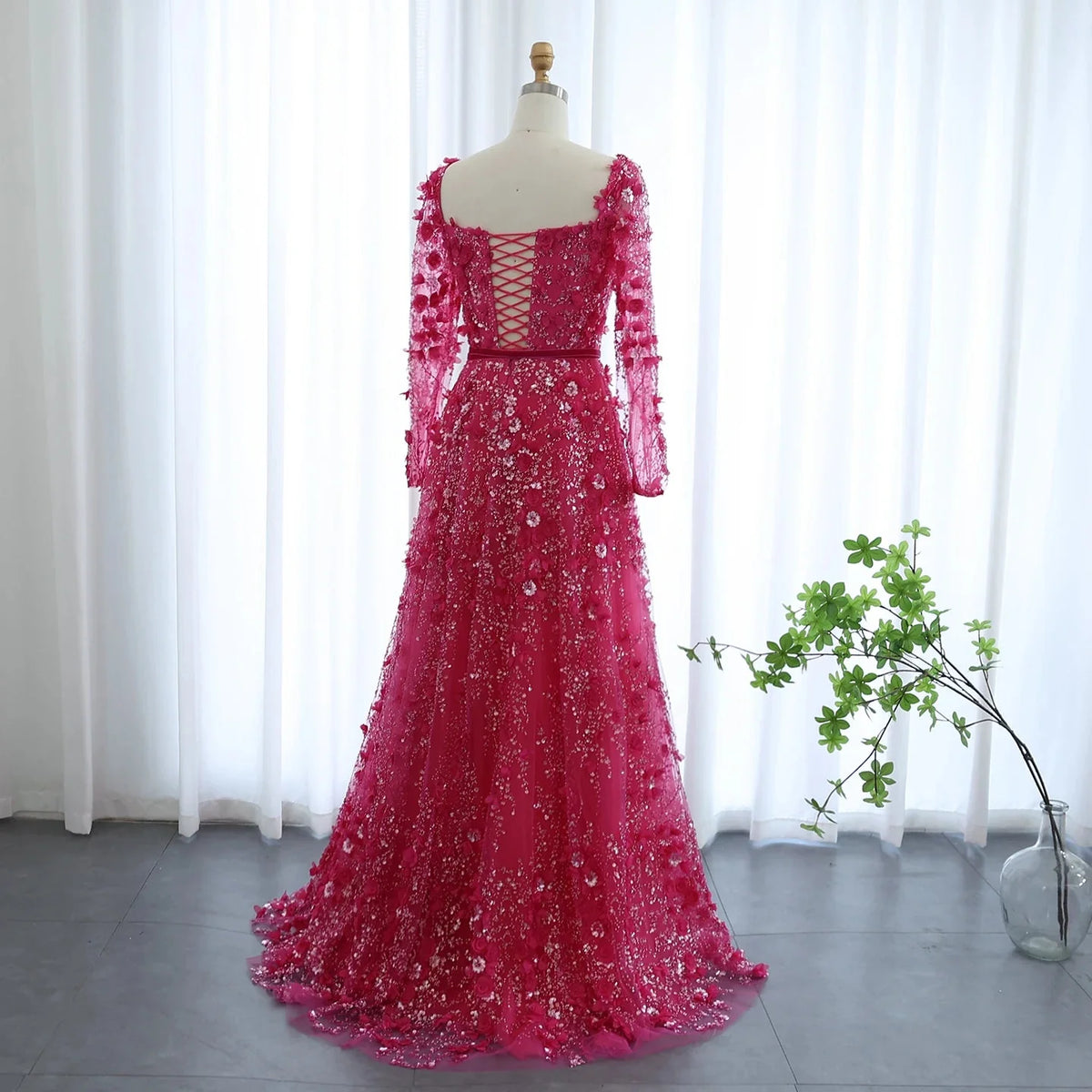 Luxury 3D Flower Gray Long Sleeves Evening Dresses SS353