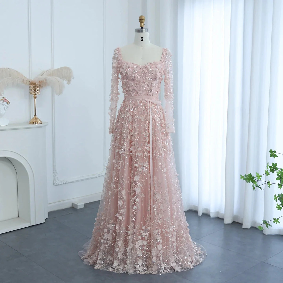 Luxury 3D Flower Gray Long Sleeves Evening Dresses SS353