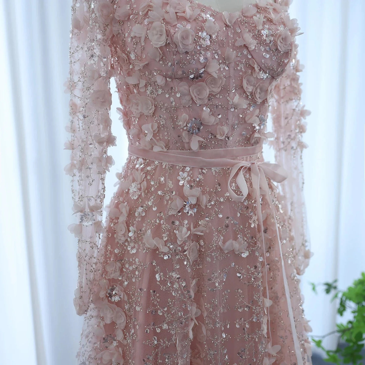 Luxury 3D Flower Gray Long Sleeves Evening Dresses SS353