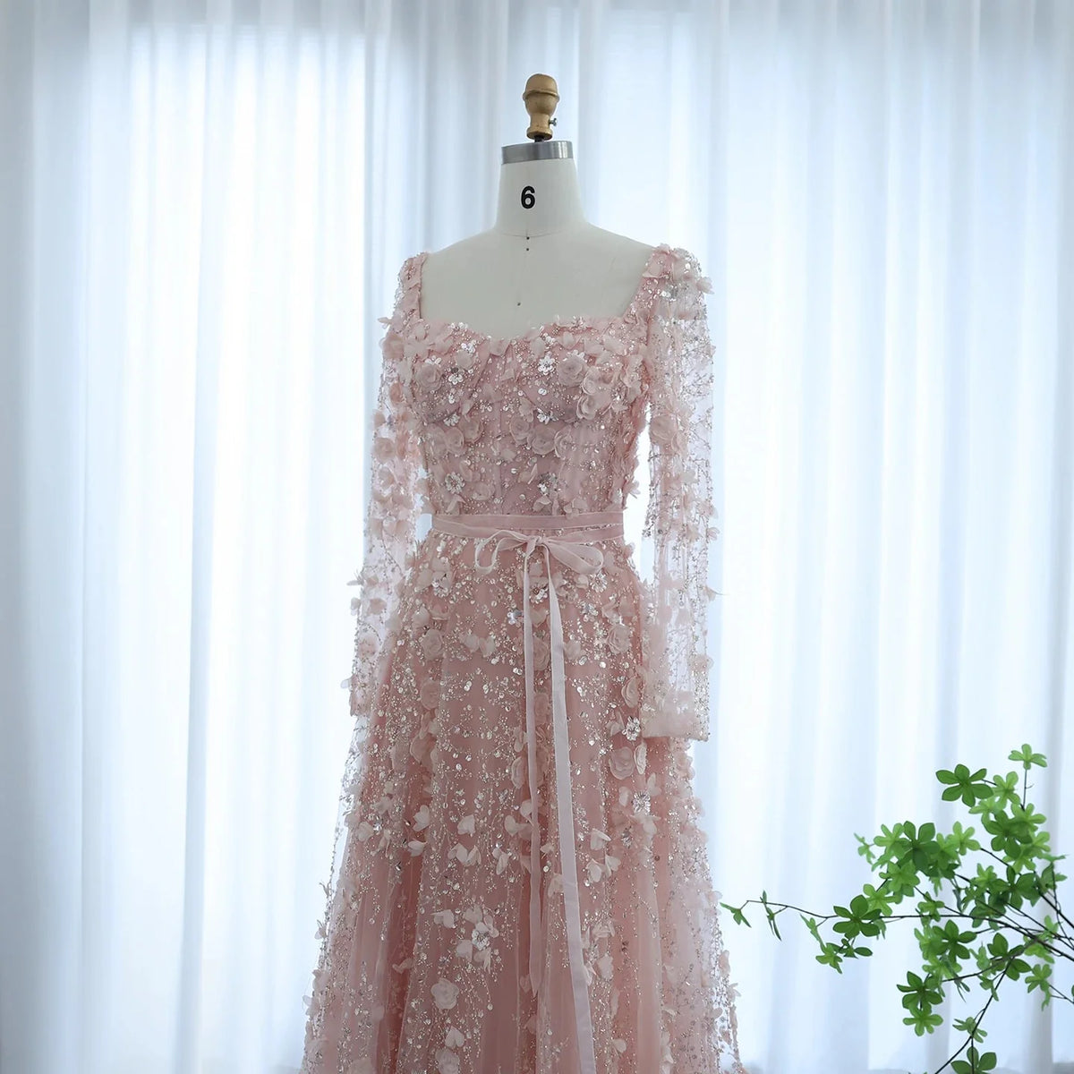 Luxury 3D Flower Gray Long Sleeves Evening Dresses SS353