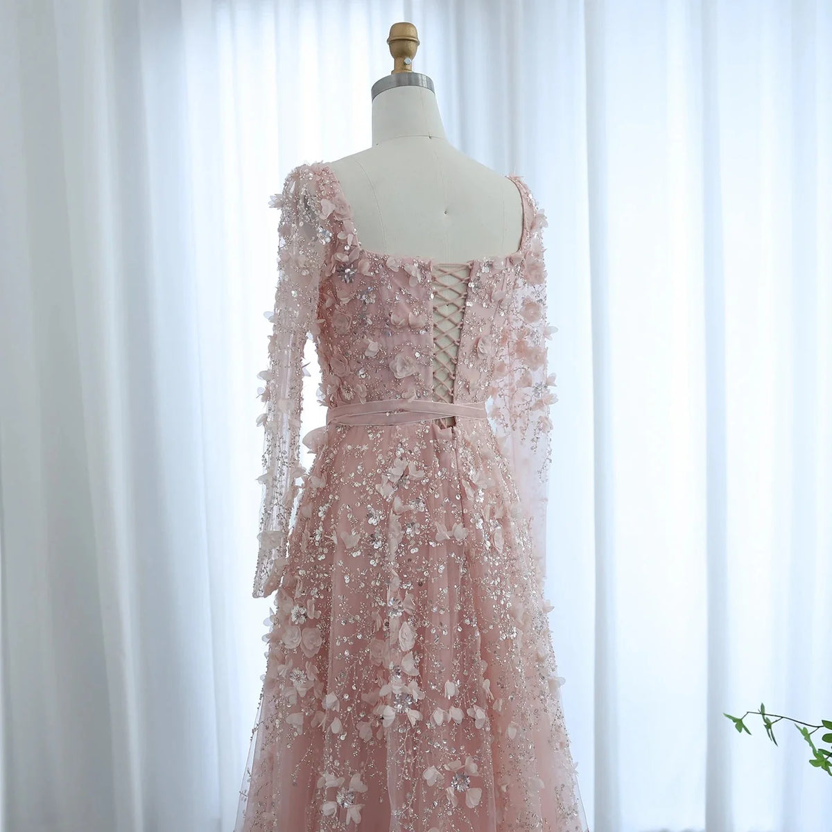 Luxury 3D Flower Gray Long Sleeves Evening Dresses SS353