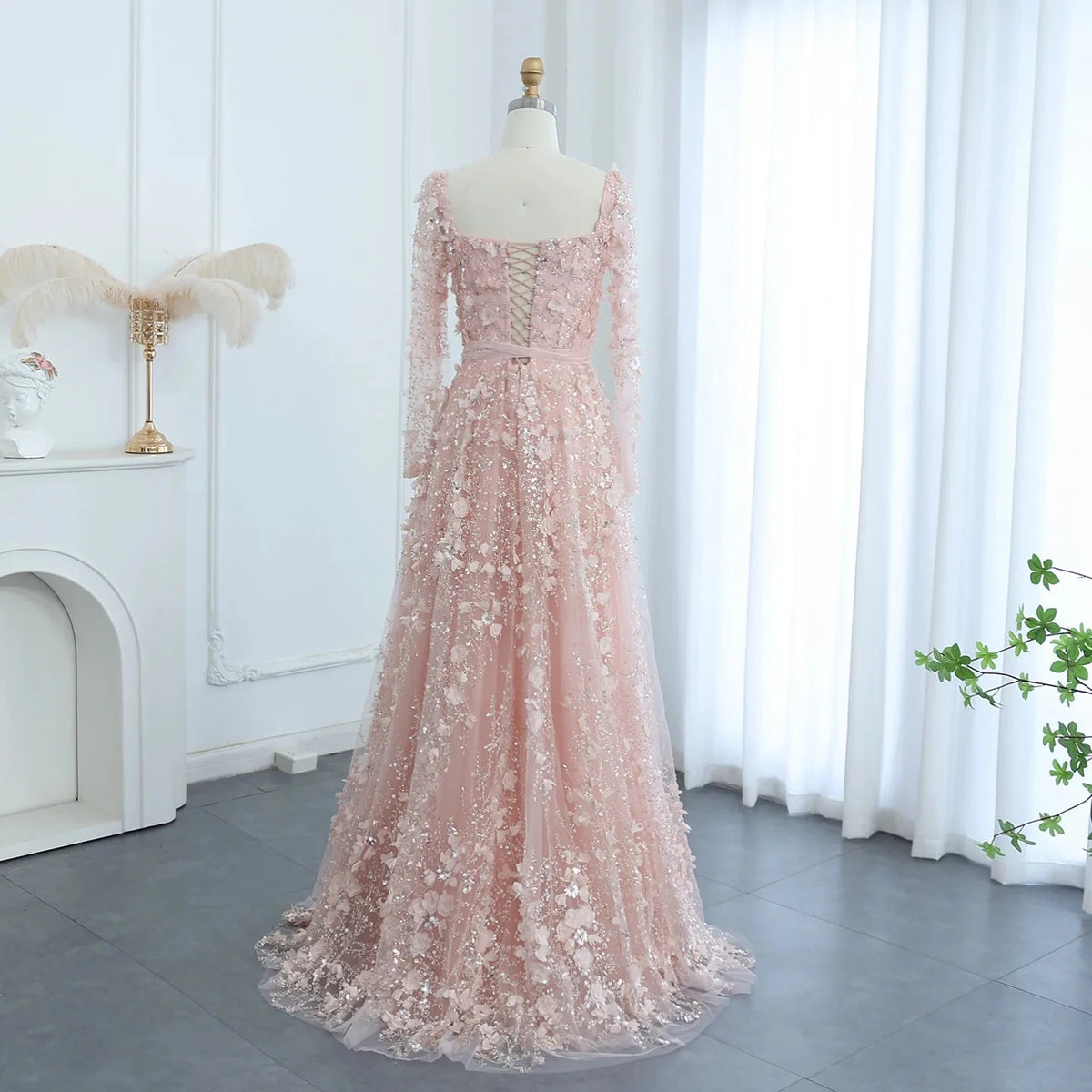 Luxury 3D Flower Gray Long Sleeves Evening Dresses SS353