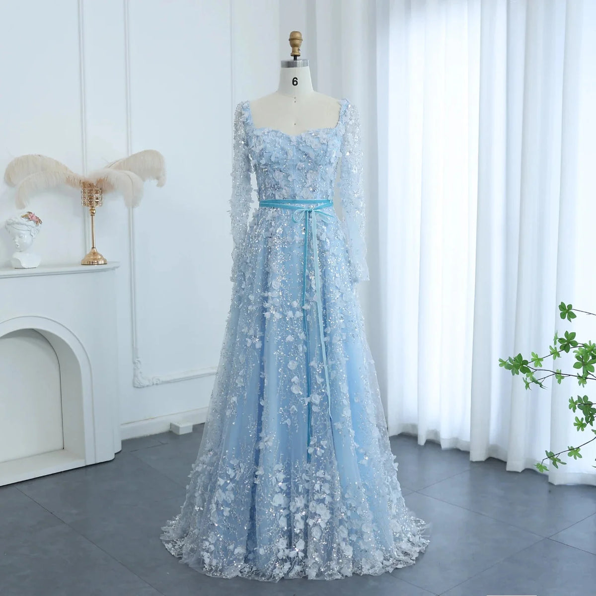 Luxury 3D Flower Gray Long Sleeves Evening Dresses SS353