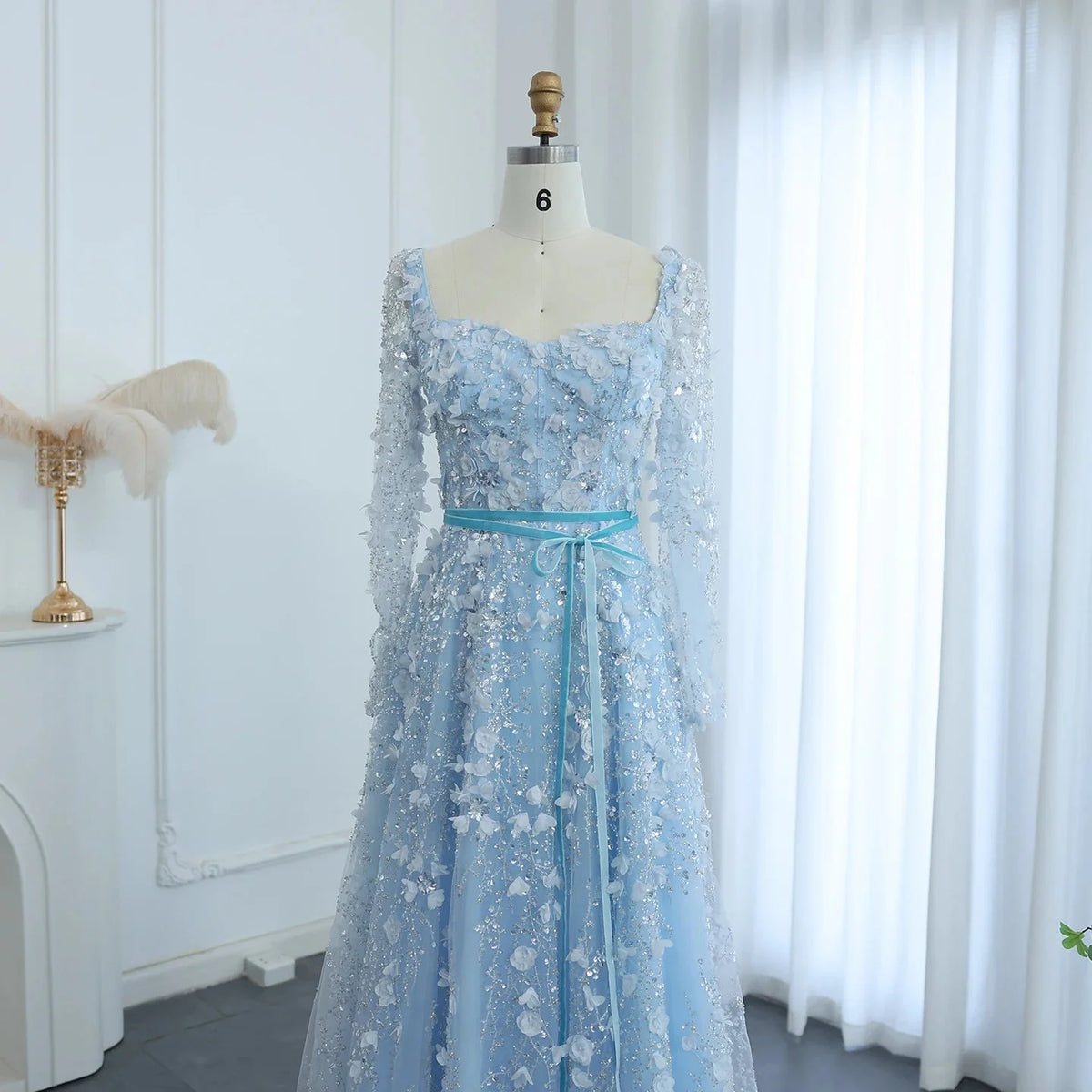 Luxury 3D Flower Gray Long Sleeves Evening Dresses SS353