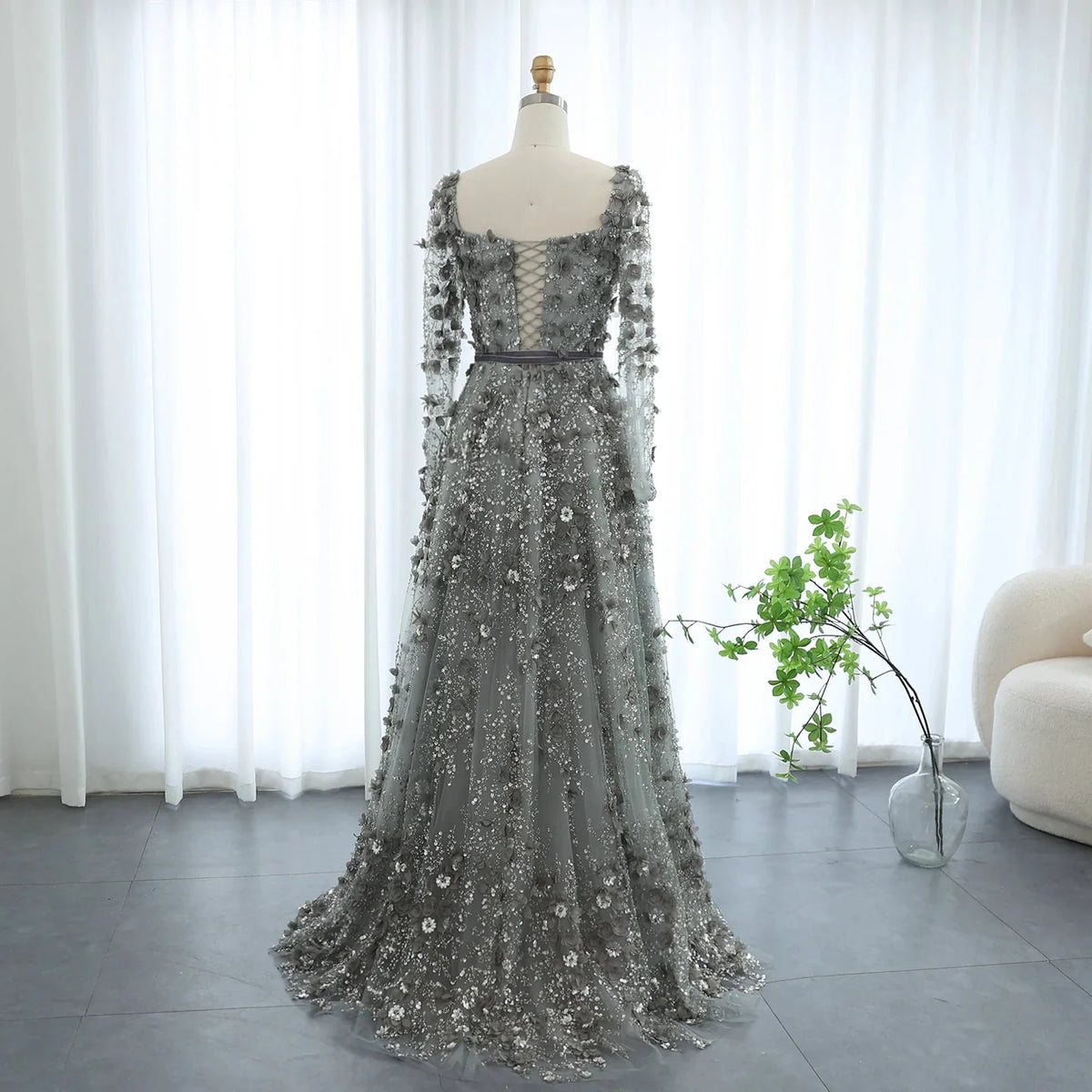 Luxury 3D Flower Gray Long Sleeves Evening Dresses SS353