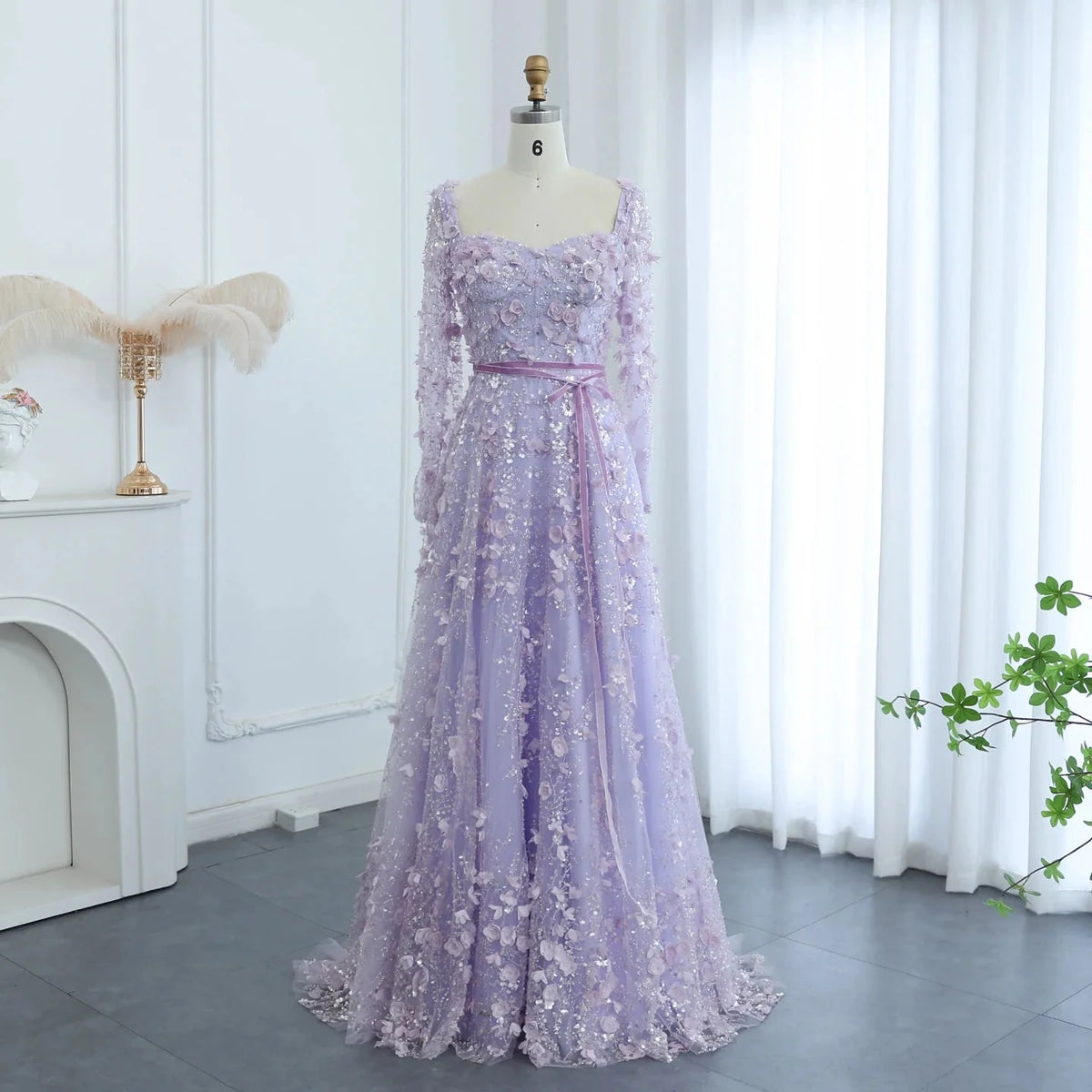 Luxury 3D Flower Gray Long Sleeves Evening Dresses SS353