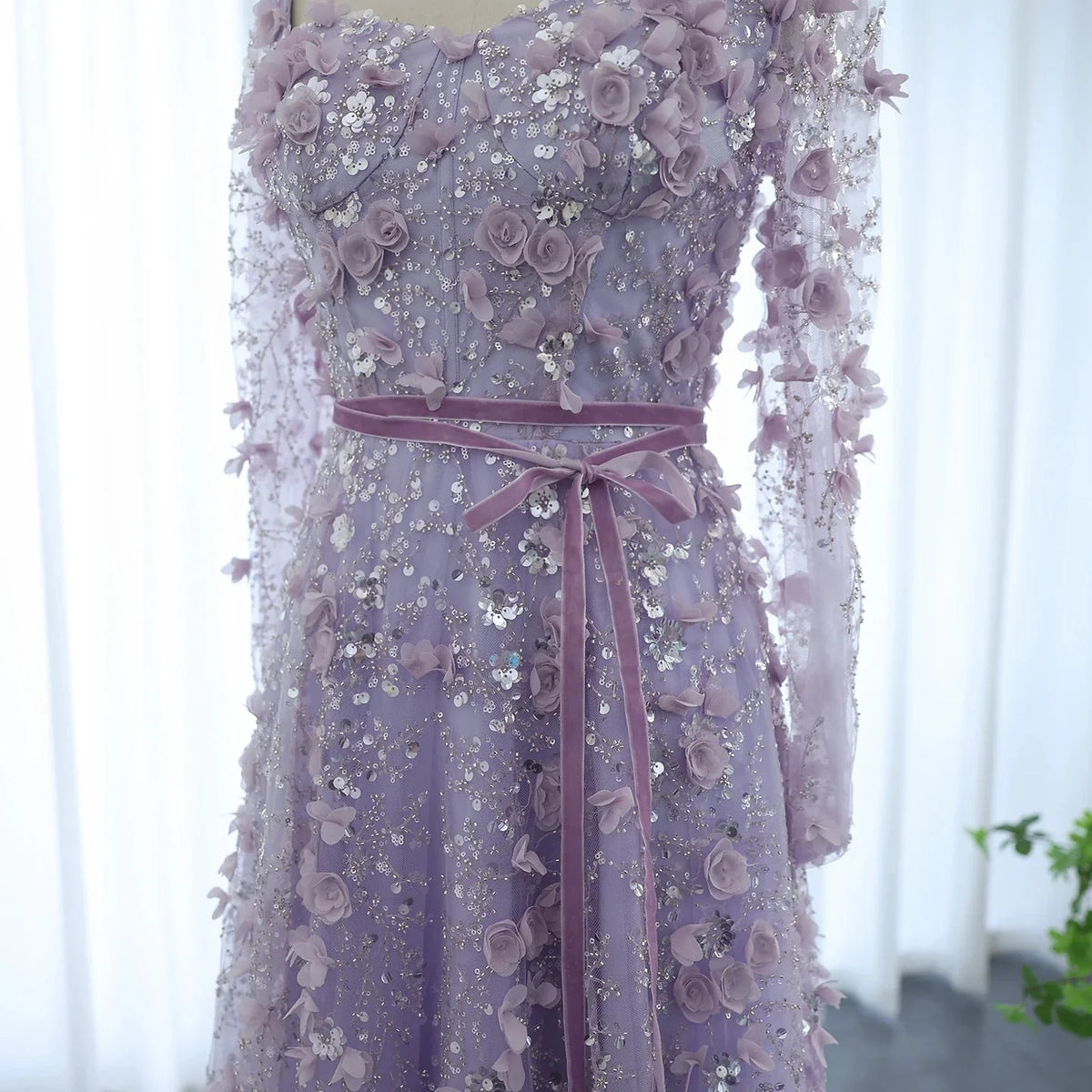 Luxury 3D Flower Gray Long Sleeves Evening Dresses SS353