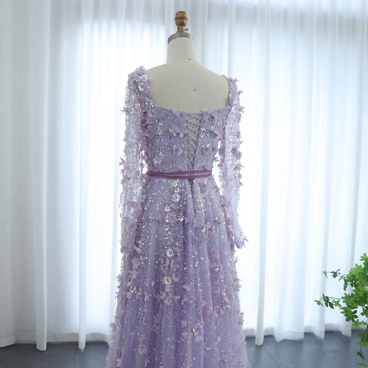 Luxury 3D Flower Gray Long Sleeves Evening Dresses SS353