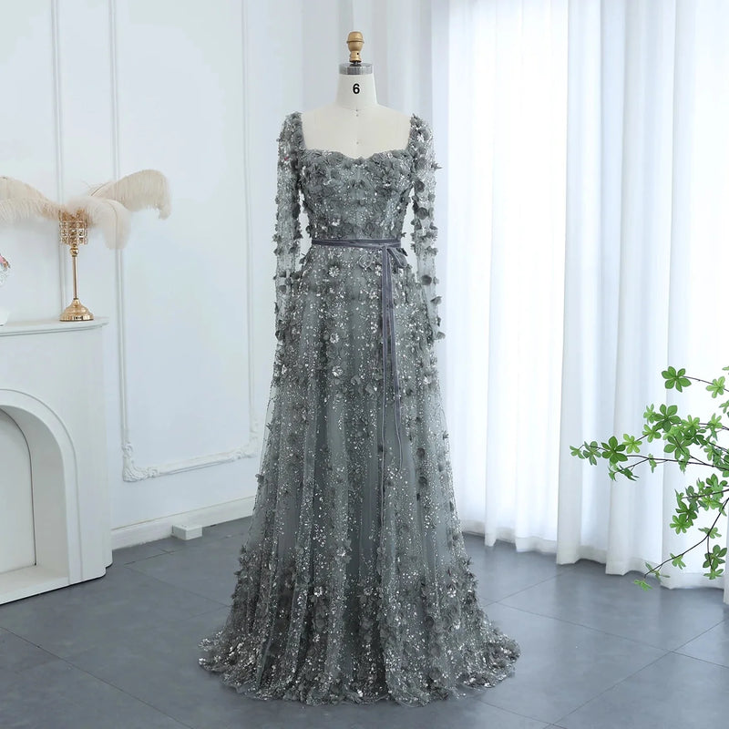 Luxury 3D Flower Gray Long Sleeves Evening Dresses SS353