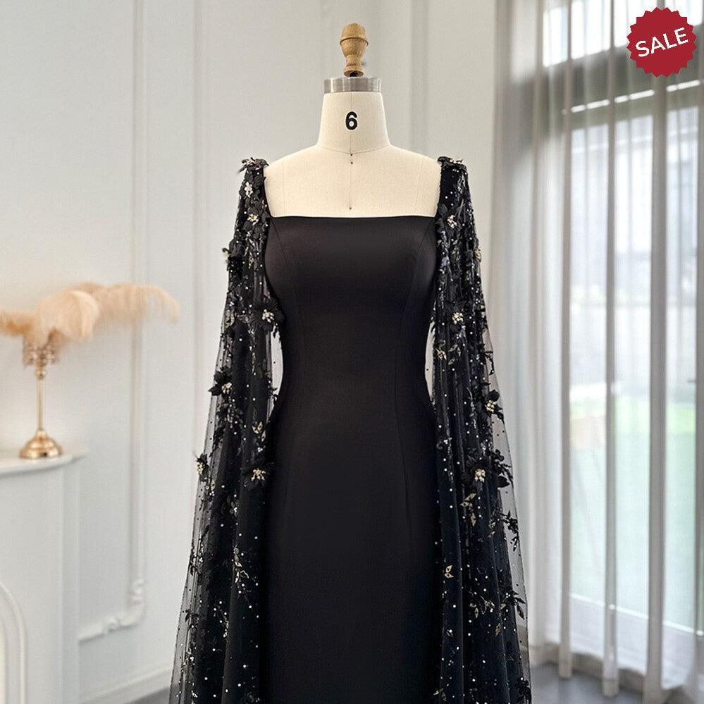 Luxury 3D Flowers Black Satin Arabic Evening Dress with Cape Elegant Mermaid SS479