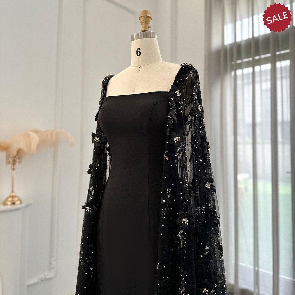 Luxury 3D Flowers Black Satin Arabic Evening Dress with Cape Elegant Mermaid SS479