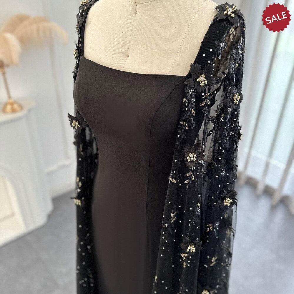 Luxury 3D Flowers Black Satin Arabic Evening Dress with Cape Elegant Mermaid SS479