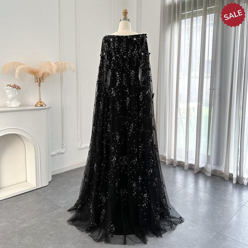 Luxury 3D Flowers Black Satin Arabic Evening Dress with Cape Elegant Mermaid SS479