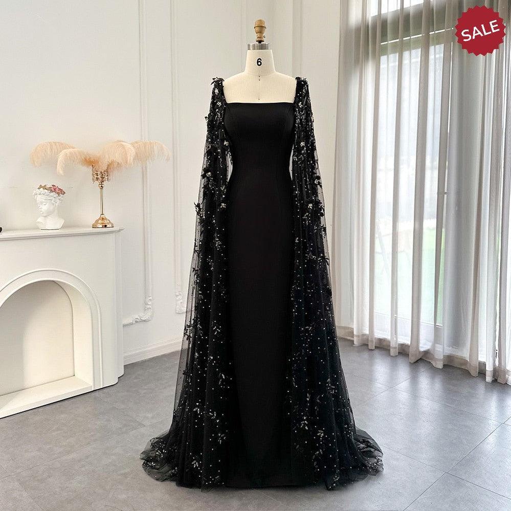 Luxury 3D Flowers Black Satin Arabic Evening Dress with Cape Elegant Mermaid SS479