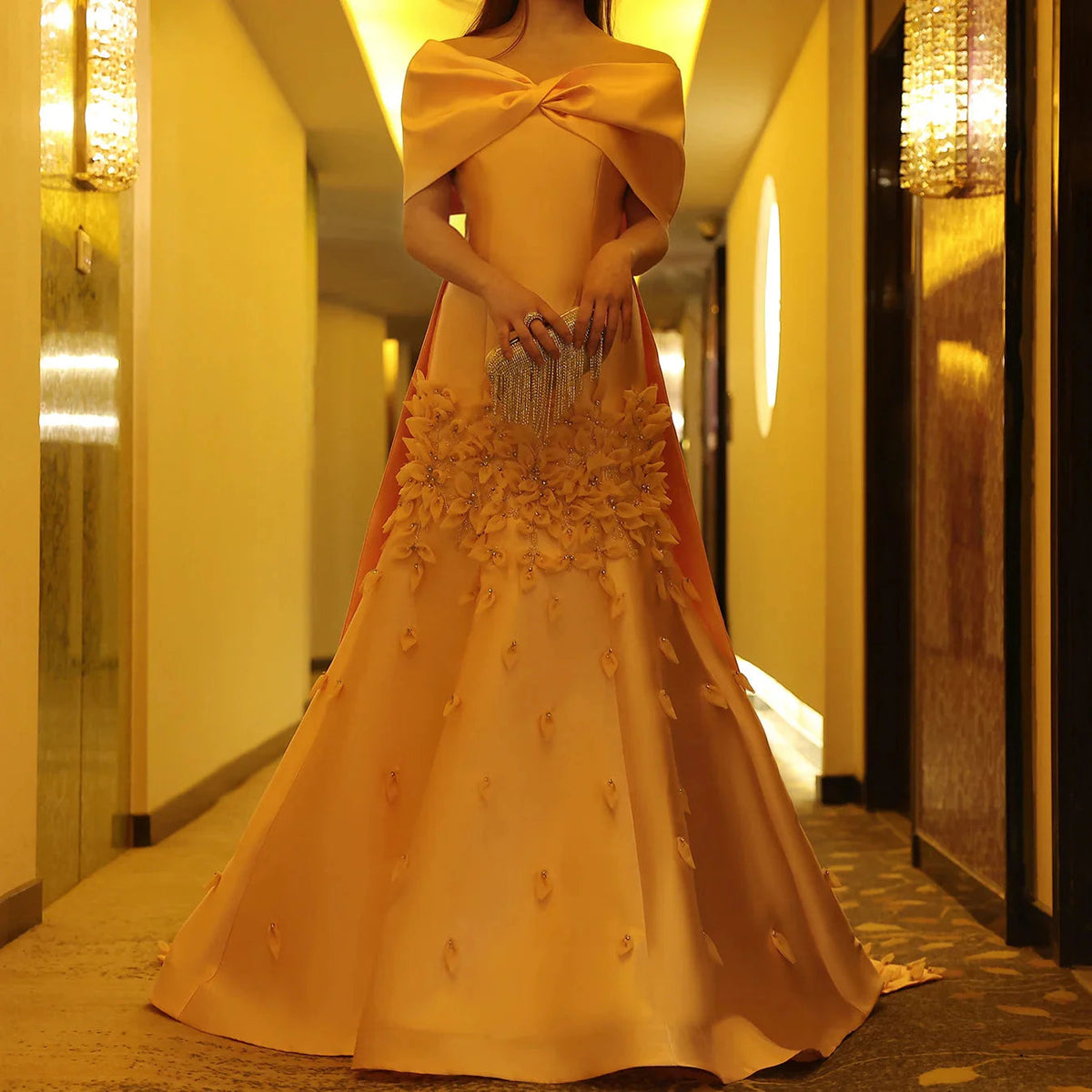 Luxury 3D Flowers Blush Pink Satin Mermaid Evening Dress Elegant Off Shoulder SS464