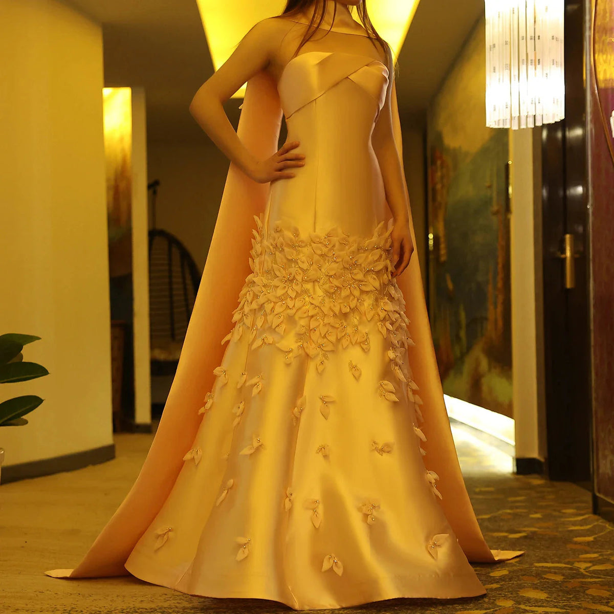 Luxury 3D Leaves Blush Pink Satin Mermaid Evening Dress with Cape SS463