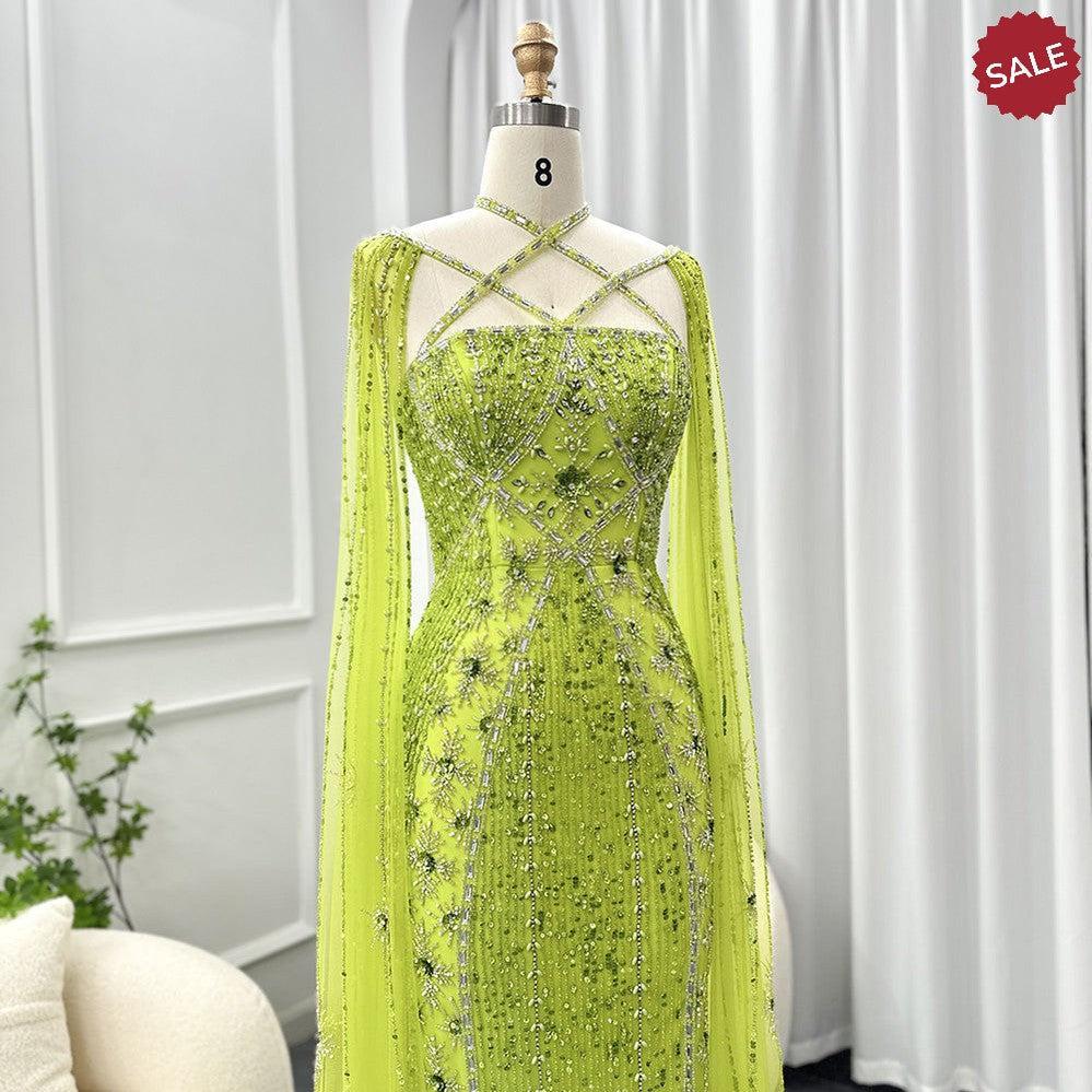 Luxury Aqua Lilac Mermaid Evening Dress with Cape Sleeves Criss Cross SS391