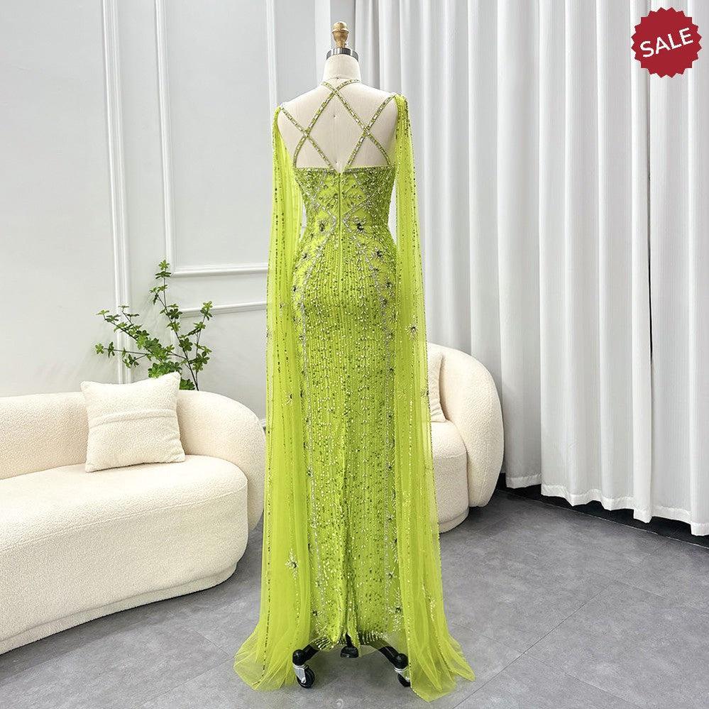 Luxury Aqua Lilac Mermaid Evening Dress with Cape Sleeves Criss Cross SS391
