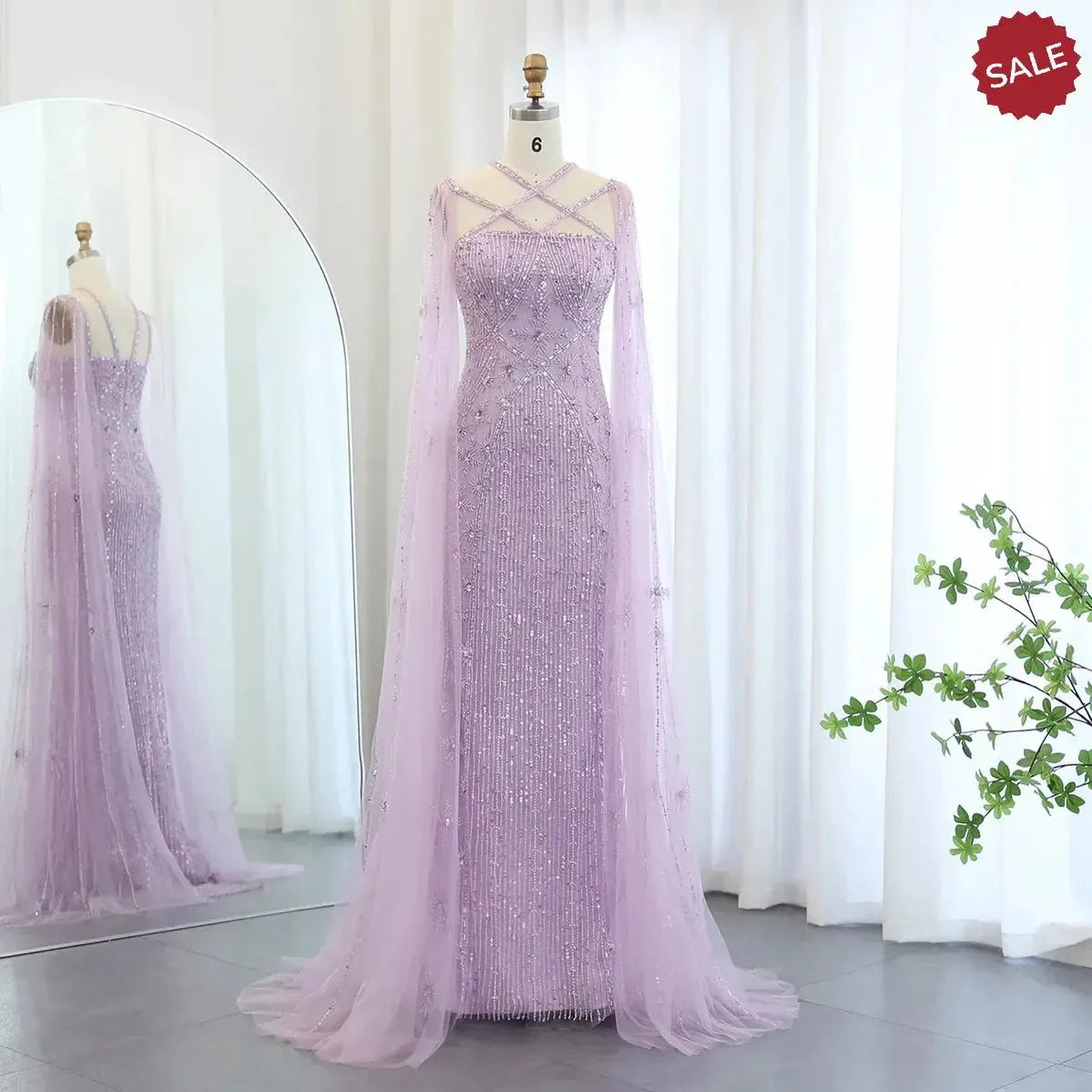 Luxury Aqua Lilac Mermaid Evening Dress with Cape Sleeves Criss Cross SS391