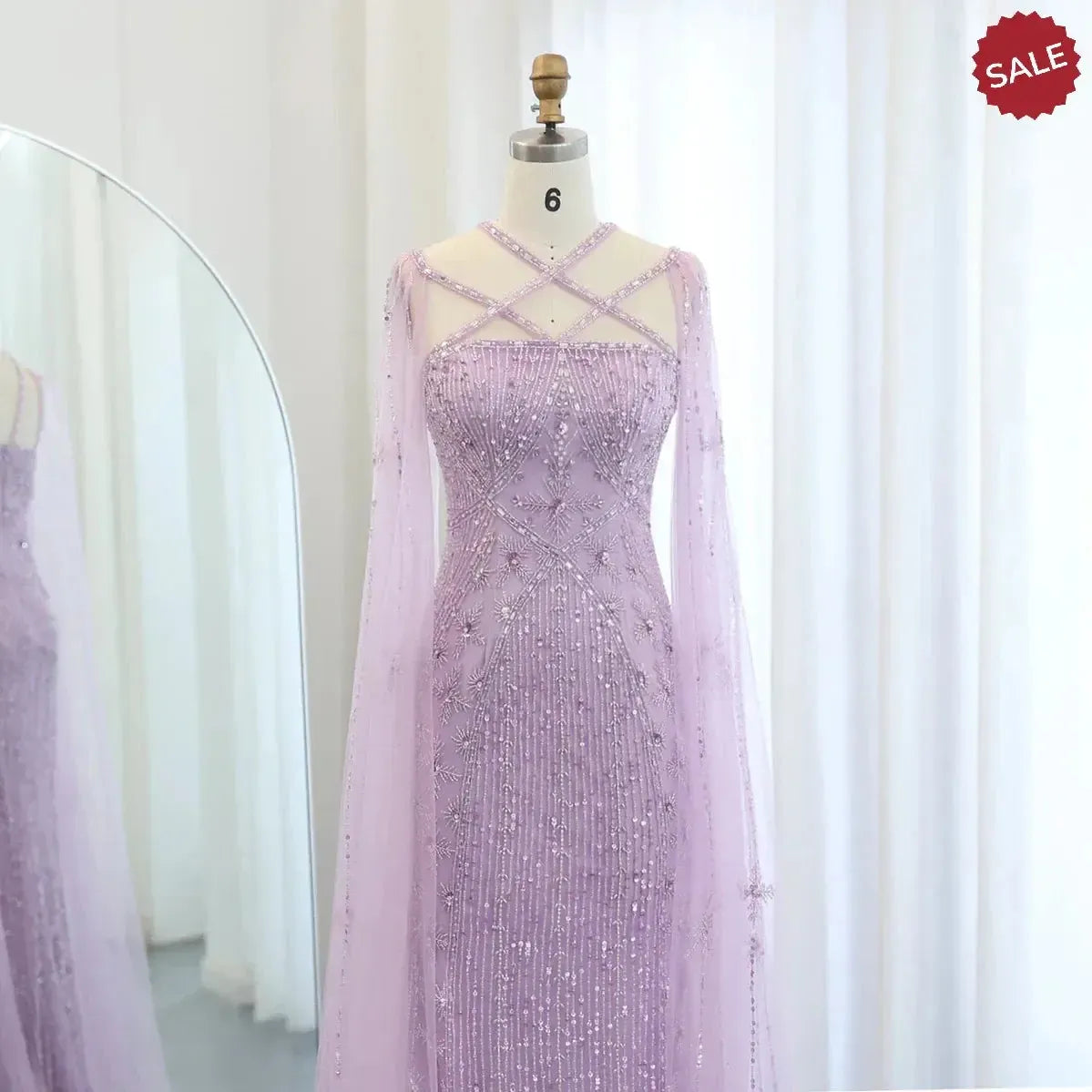 Luxury Aqua Lilac Mermaid Evening Dress with Cape Sleeves Criss Cross SS391