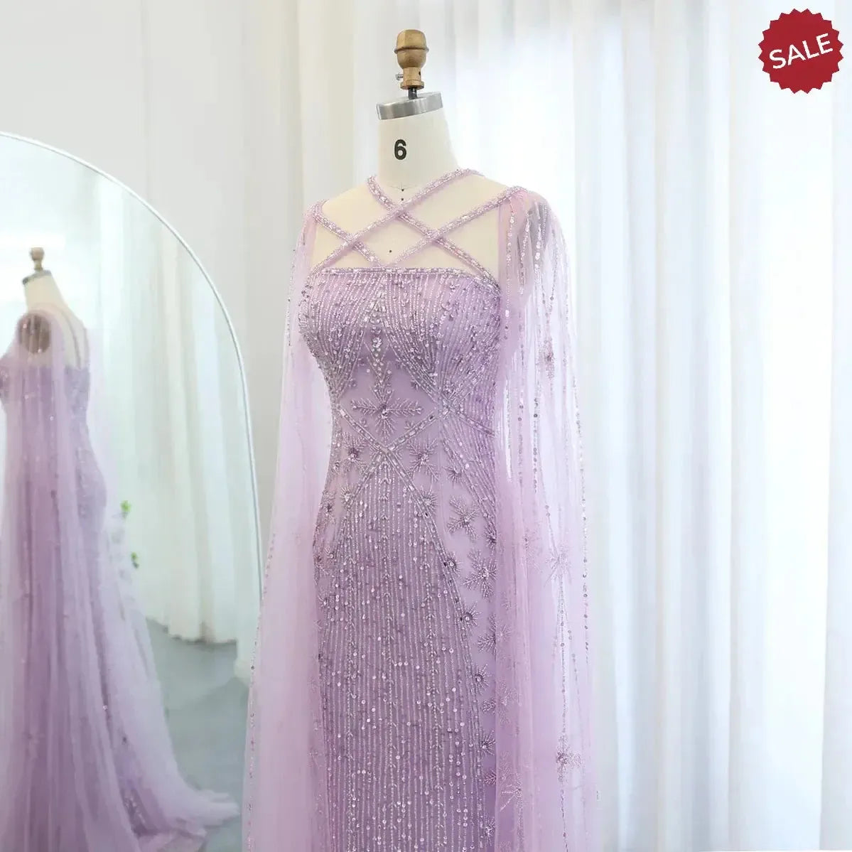 Luxury Aqua Lilac Mermaid Evening Dress with Cape Sleeves Criss Cross SS391