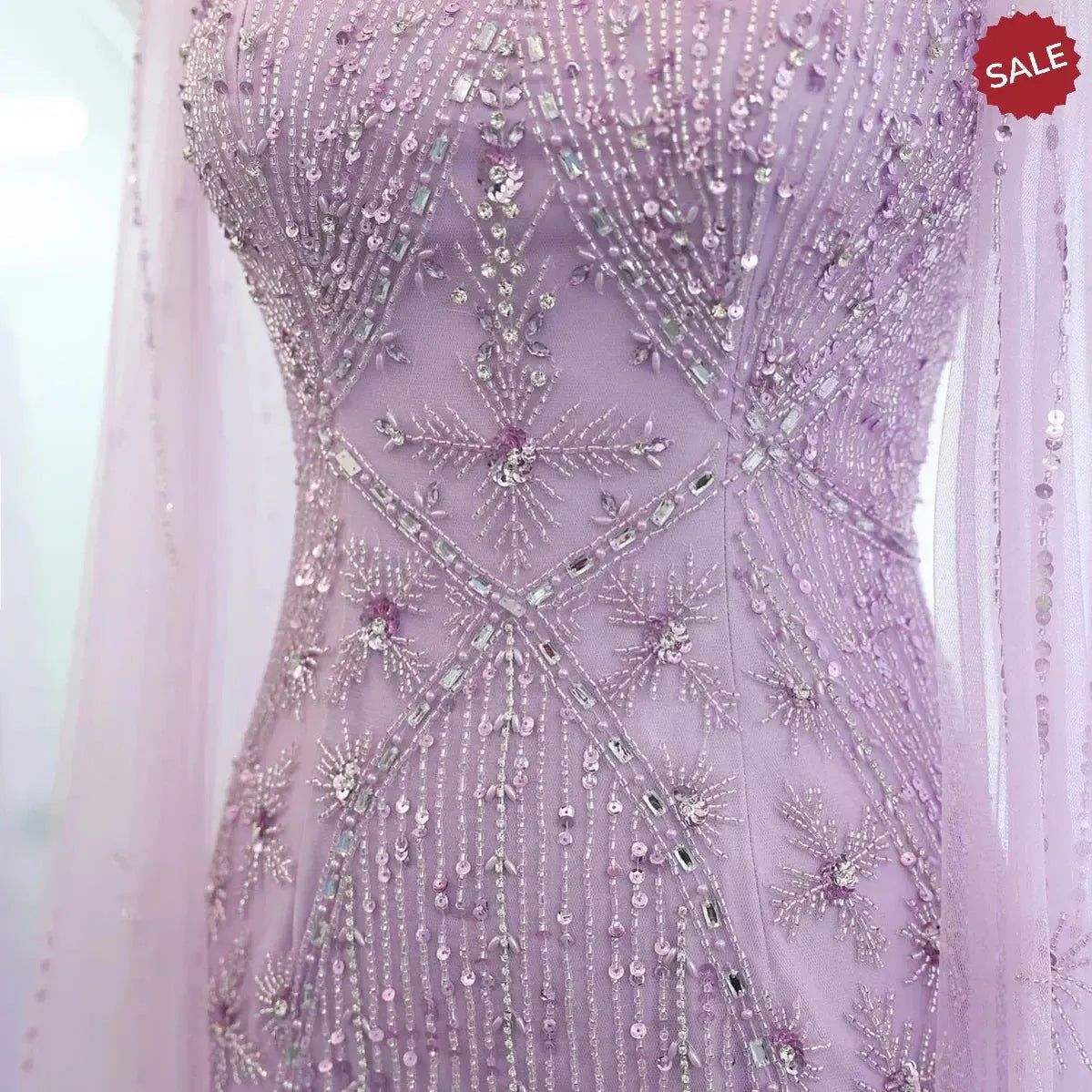 Luxury Aqua Lilac Mermaid Evening Dress with Cape Sleeves Criss Cross SS391