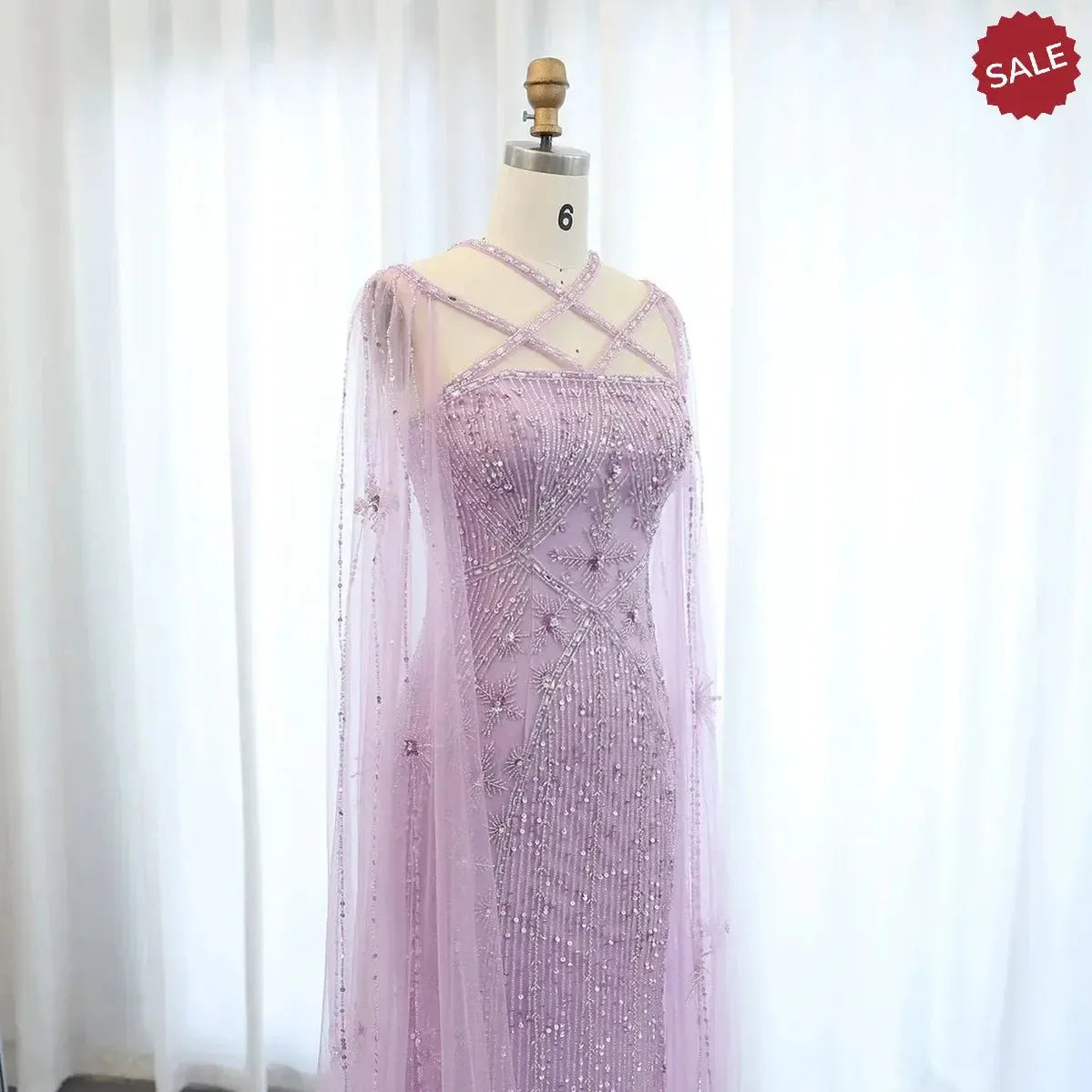 Luxury Aqua Lilac Mermaid Evening Dress with Cape Sleeves Criss Cross SS391