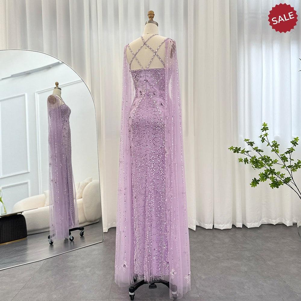 Luxury Aqua Lilac Mermaid Evening Dress with Cape Sleeves Criss Cross SS391