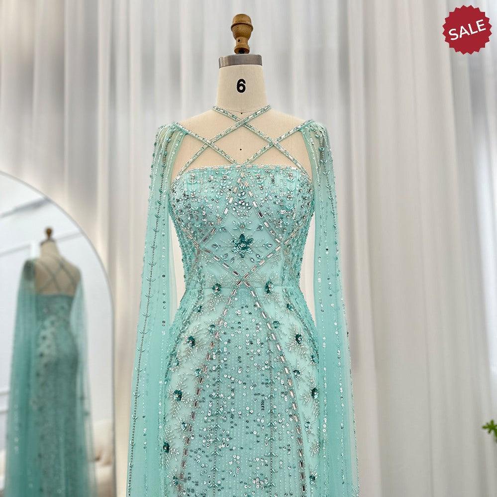 Luxury Aqua Lilac Mermaid Evening Dress with Cape Sleeves Criss Cross SS391