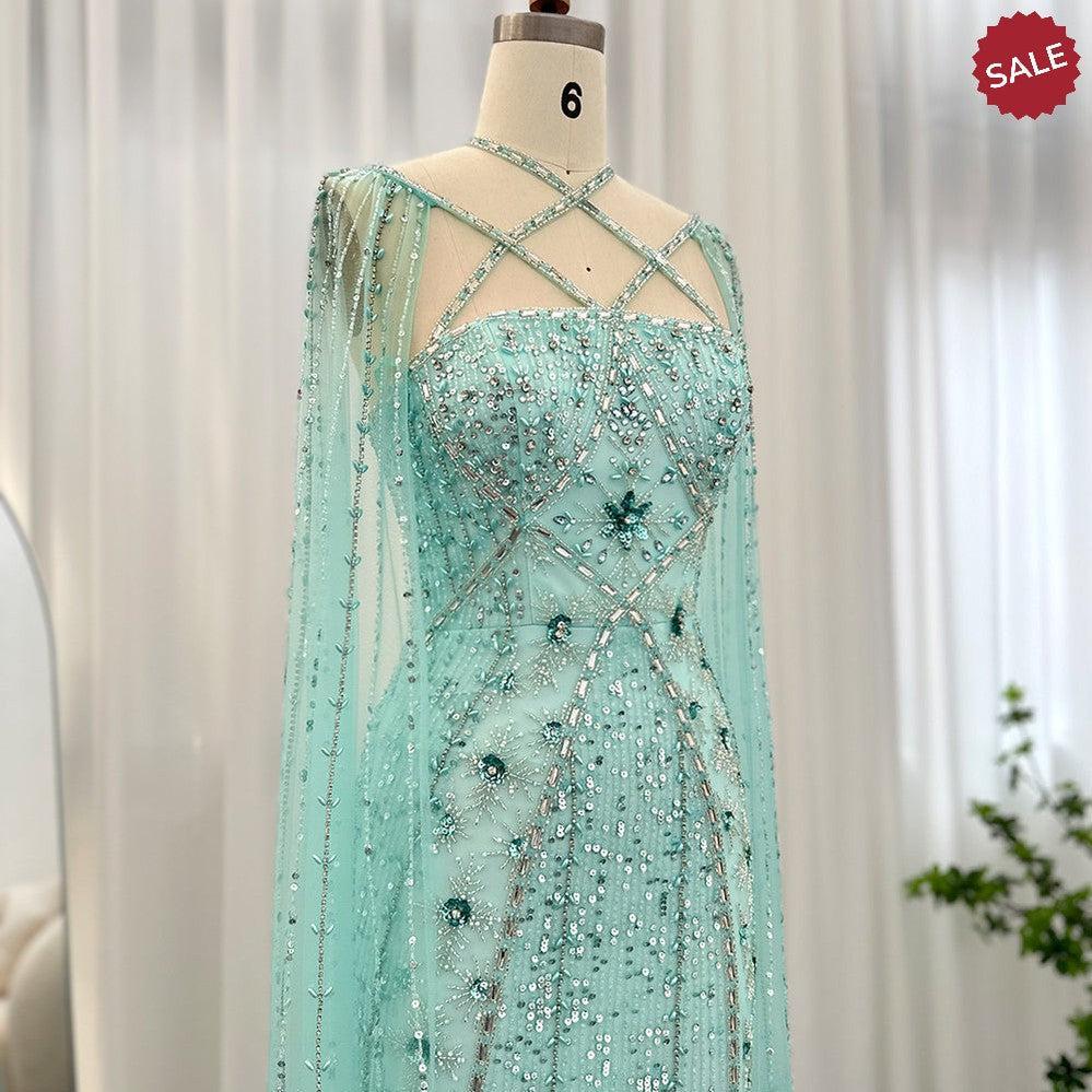 Luxury Aqua Lilac Mermaid Evening Dress with Cape Sleeves Criss Cross SS391