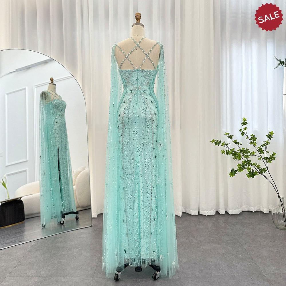 Luxury Aqua Lilac Mermaid Evening Dress with Cape Sleeves Criss Cross SS391