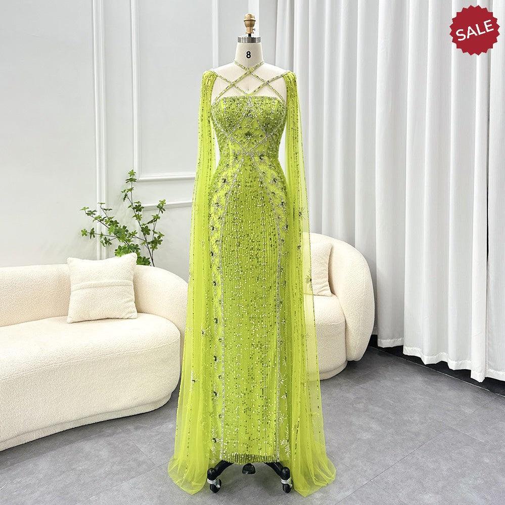 Luxury Aqua Lilac Mermaid Evening Dress with Cape Sleeves Criss Cross SS391
