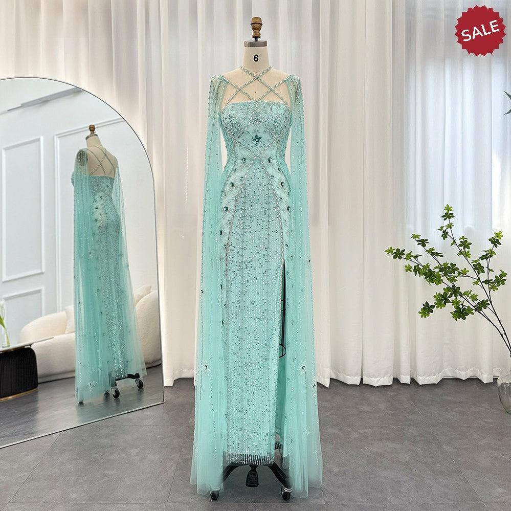 Luxury Aqua Lilac Mermaid Evening Dress with Cape Sleeves Criss Cross SS391