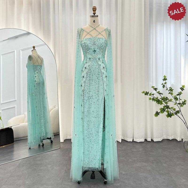 Luxury Aqua Lilac Mermaid Evening Dress with Cape Sleeves Criss Cross SS391
