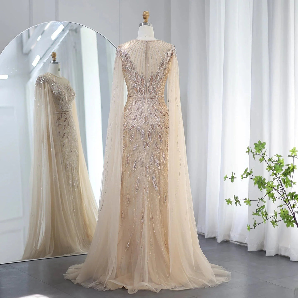 Luxury Arabic Blue Mermaid Evening Dress with Cape Sleeves Sage Green Gold Dubai Women Wedding Party Gowns SS009