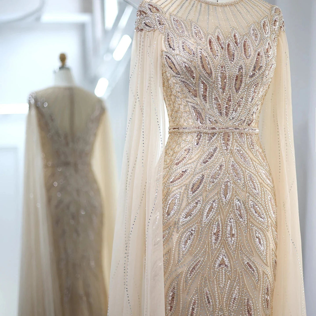 Luxury Arabic Blue Mermaid Evening Dress with Cape Sleeves Sage Green Gold Dubai Women Wedding Party Gowns SS009