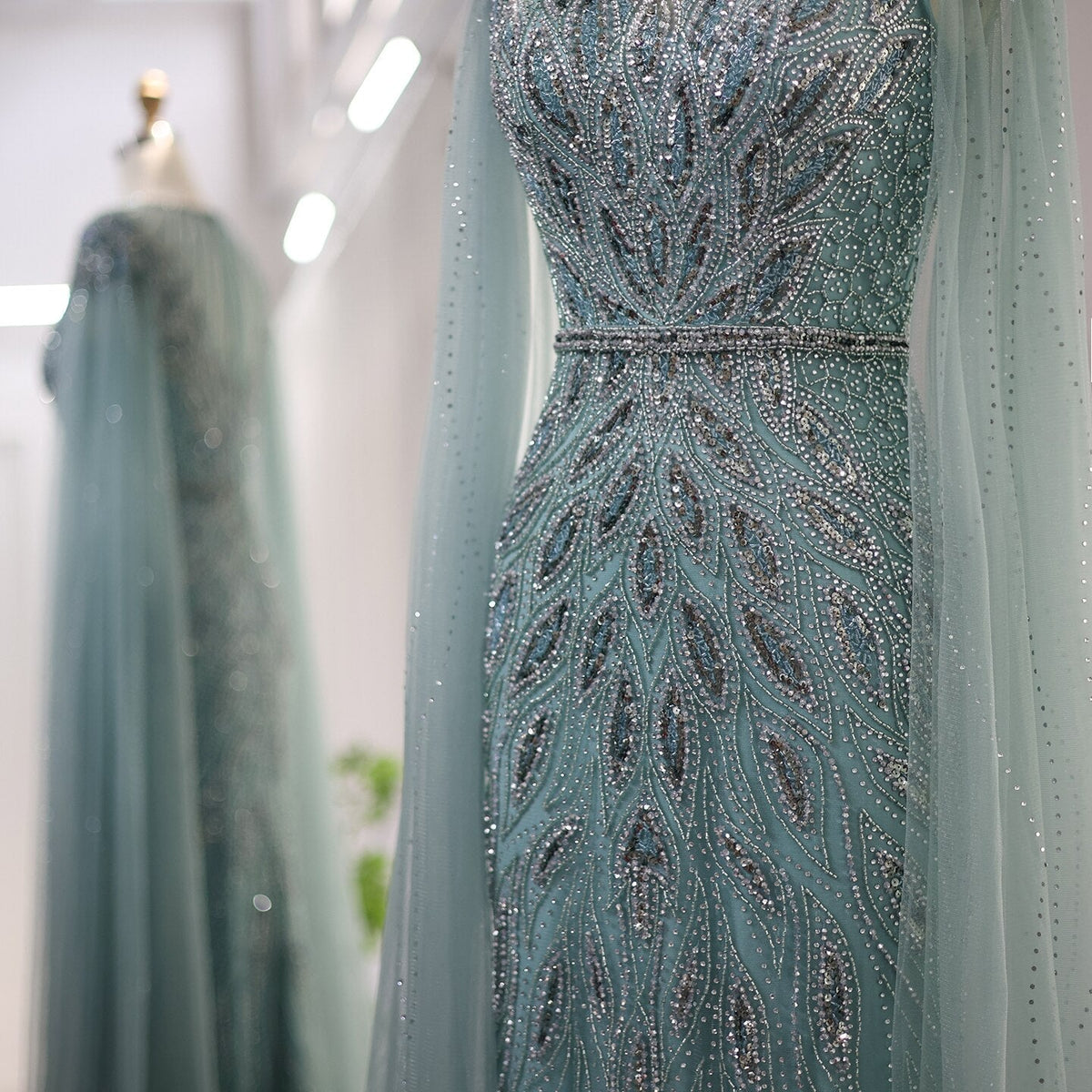 Luxury Arabic Blue Mermaid Evening Dress with Cape Sleeves Sage Green Gold Dubai Women Wedding Party Gowns SS009
